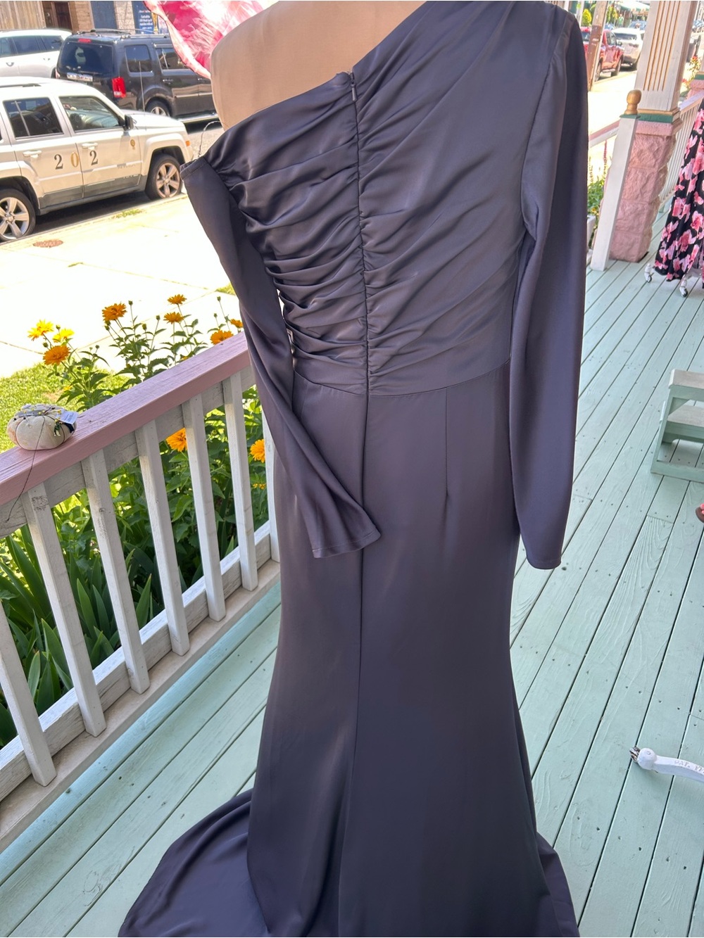 Elegant Off the Shoulder Evening Gown in Slate Gray - Picture 9 of 9